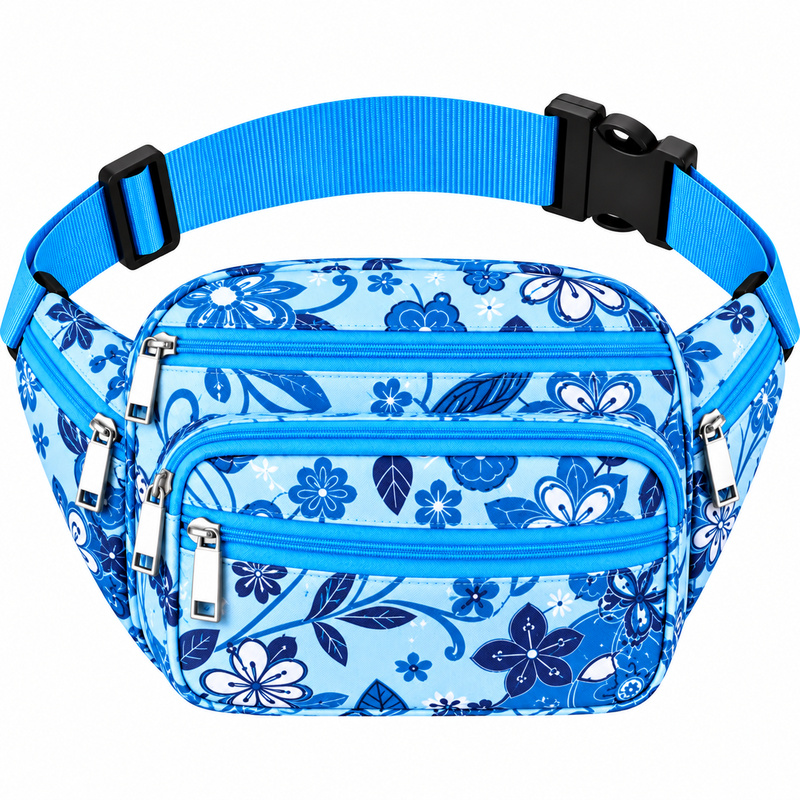 8056 Blue Flower Bumbag W-7 Zips (New) (image for) 8056 Blue Flower Bumbag W-7 Zips (New)